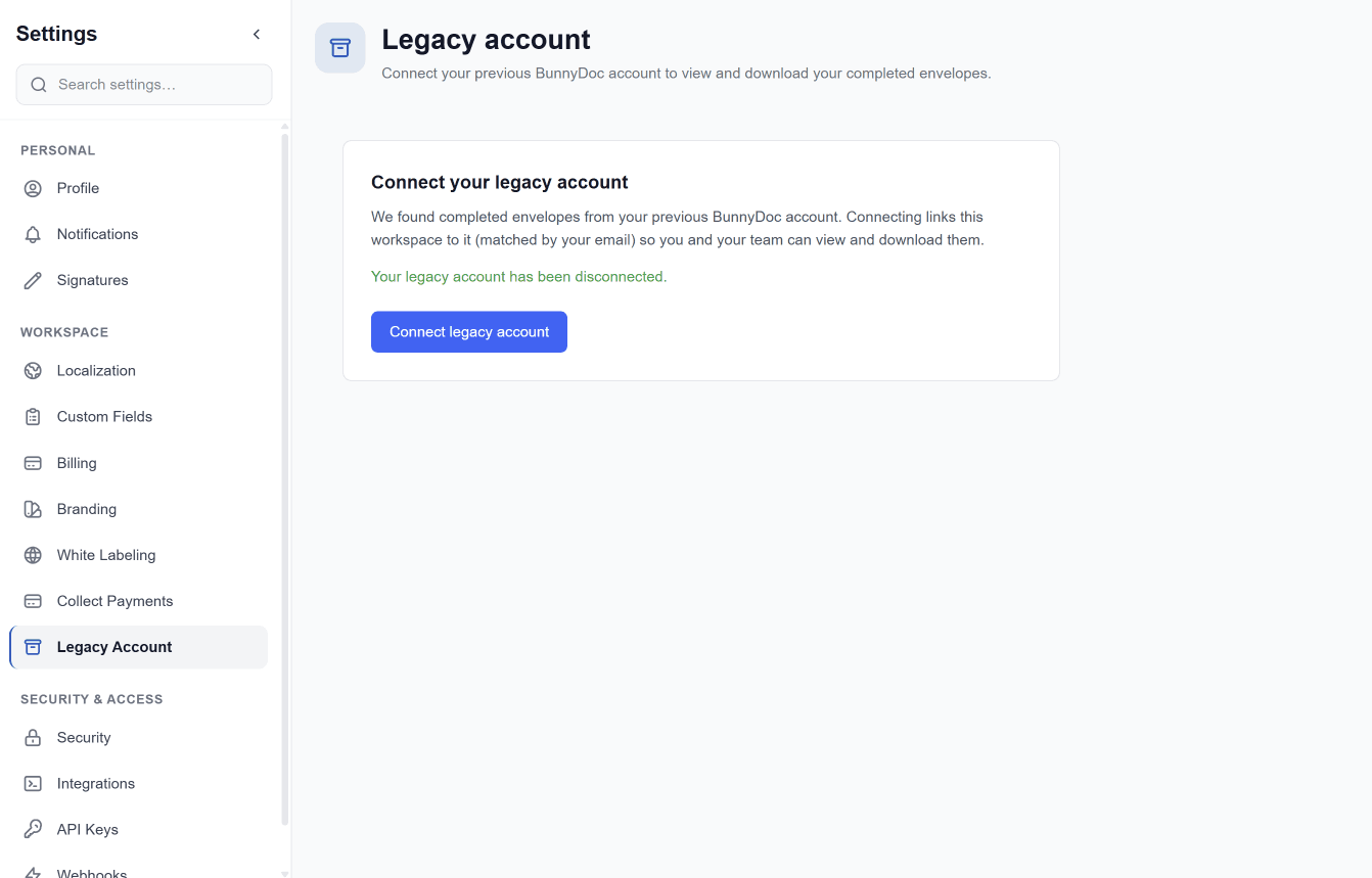La página Legacy Account en Configuración, con el botón Connect legacy account